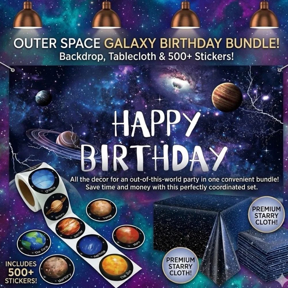 Space Galaxy Birthday Backdrop, Table Cloth & 500 Stickers Bundle
